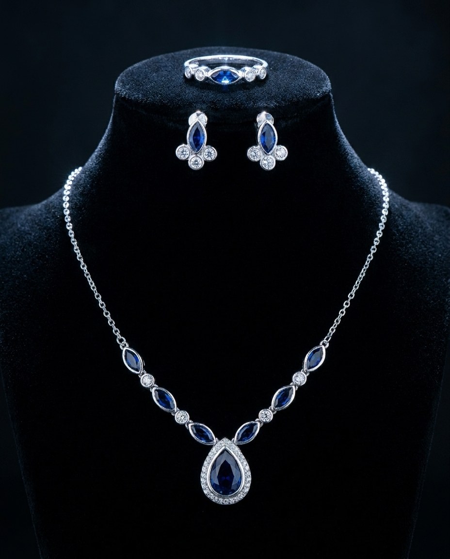 Bespoke sapphire jewellery set by Silver Craft
